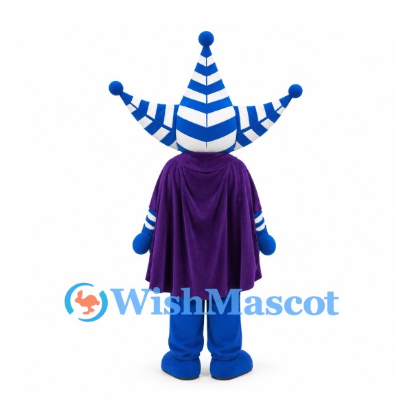 Jester Mascot Costume with Blue Striped Hat and Purple Cape