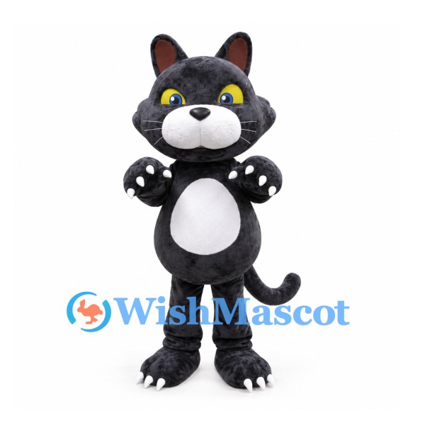 Cat Mascot Costume in Black with Yellow Eyes and White Belly