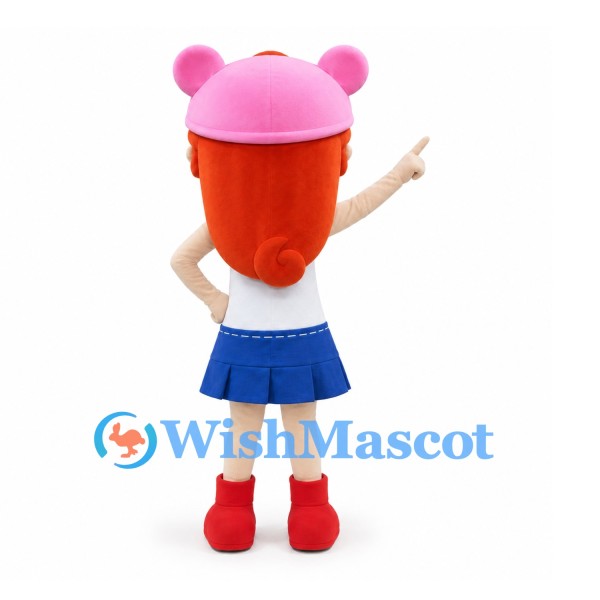 Girl Mascot Costume with Pink Bear Cap and Blue Skirt