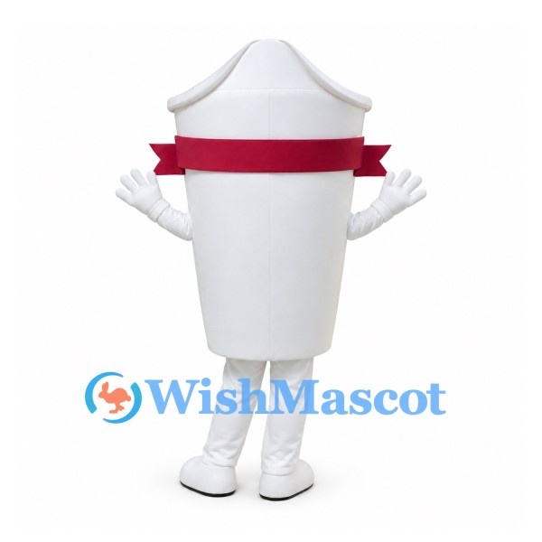 Cup Mascot Costume in White with Red Band and Domed Lid