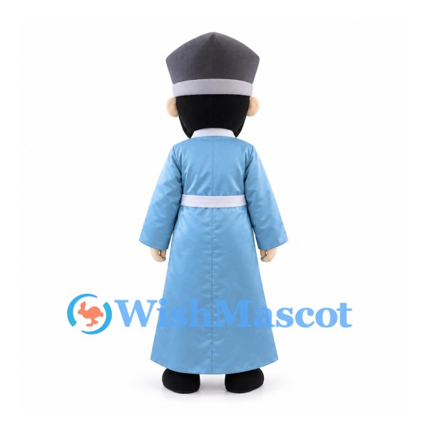 Bearded Man Mascot Costume with Gray Hat and Light Blue Robe