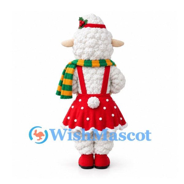 Sheep Mascot Costume with Red Christmas Skirt and Green Scarf
