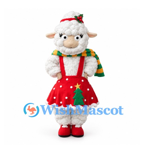 Sheep Mascot Costume with Red Christmas Skirt and Green Scarf
