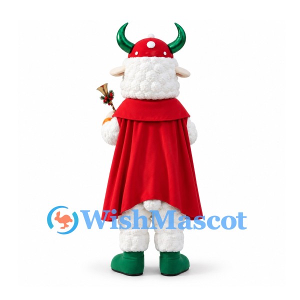 Sheep Mascot Costume with Green Antlers and Red Christmas Cape