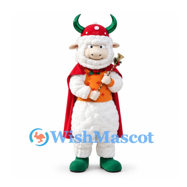 Sheep Mascot Costume with Green Antlers and Red Christmas Cape
