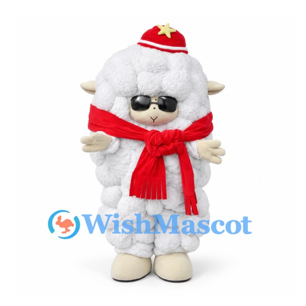 Sheep Mascot Costume with Sunglasses, Red Santa Hat and Scarf