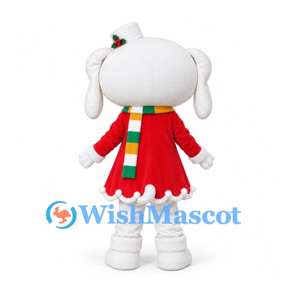 Dog Mascot Costume in White with Red Christmas Dress and Striped Scarf
