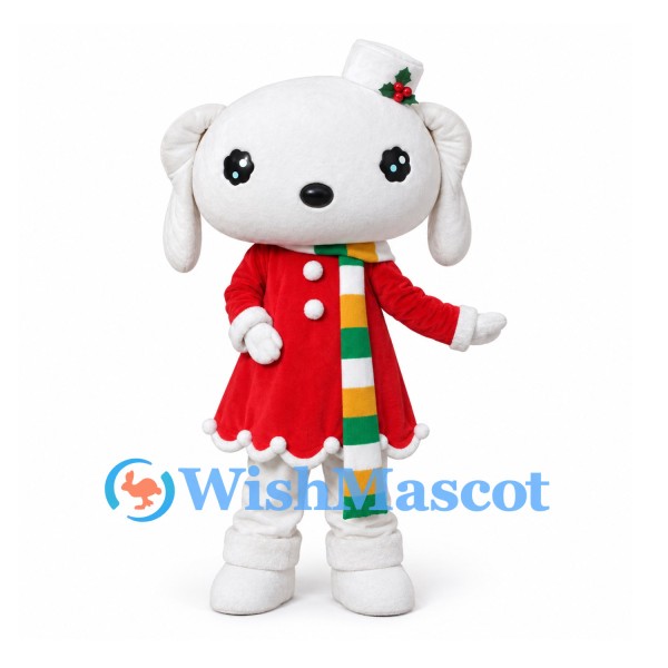Dog Mascot Costume in White with Red Christmas Dress and Striped Scarf