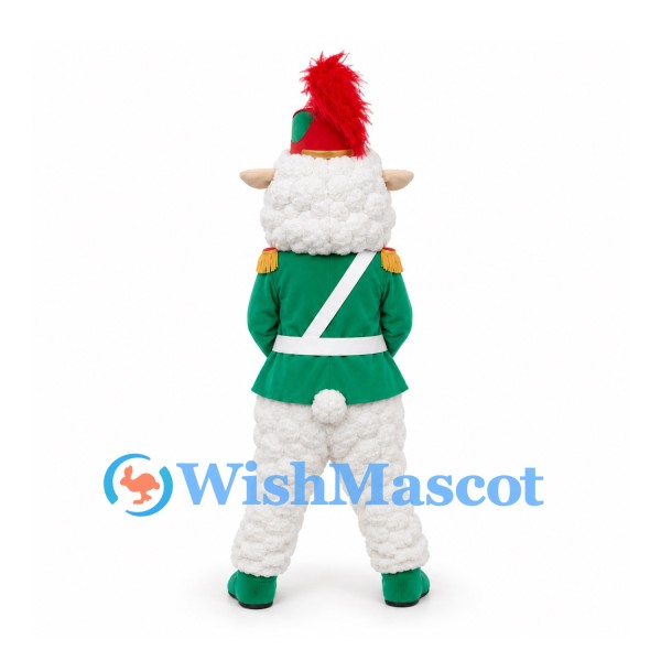 Sheep Mascot Costume with Green Marching Band Uniform and Feathered Hat