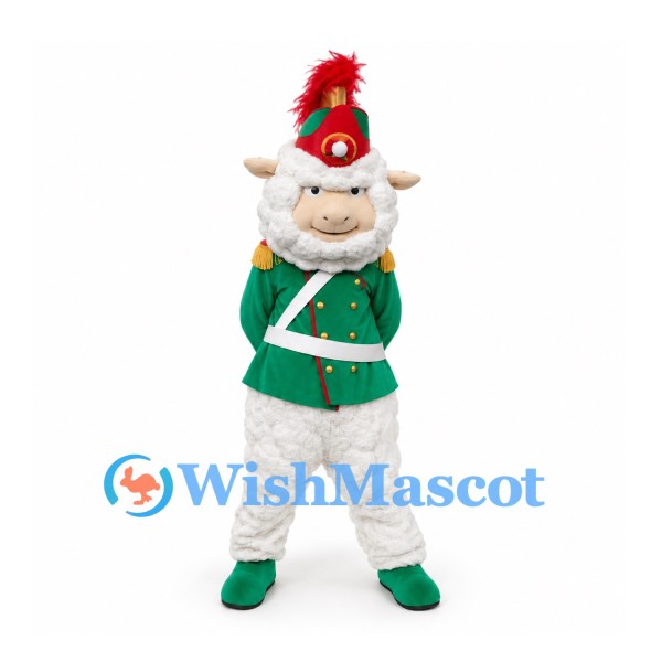Sheep Mascot Costume with Green Marching Band Uniform and Feathered Hat