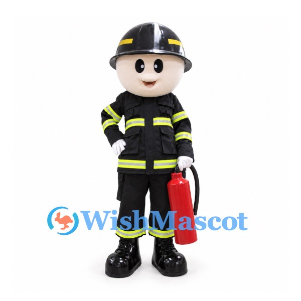 Firefighter Mascot Costume with Black Helmet and Reflective-Stripe Suit