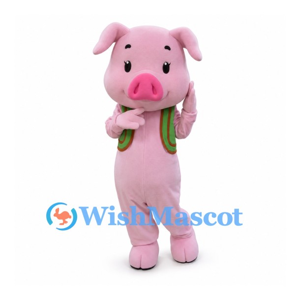 Pig Mascot Costume in Pink with Green Vest