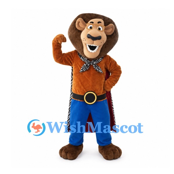 Lion Mascot Costume with Orange Shirt and Zebra-Print Cape