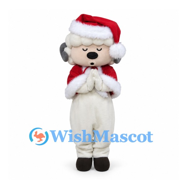 Sheep Mascot Costume with Red Santa Hat and Cape