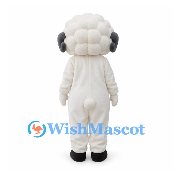 Sheep Mascot Costume in White with Curly Wool Head and Gray Horns