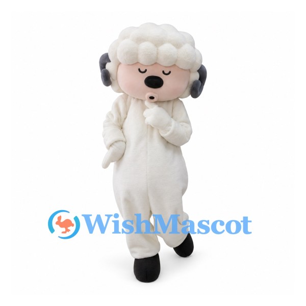 Sheep Mascot Costume in White with Curly Wool Head and Gray Horns