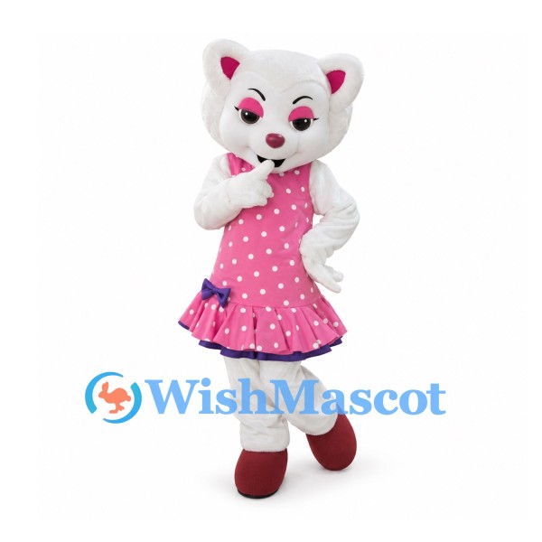 Cat Mascot Costume in White with Pink Polka Dot Dress