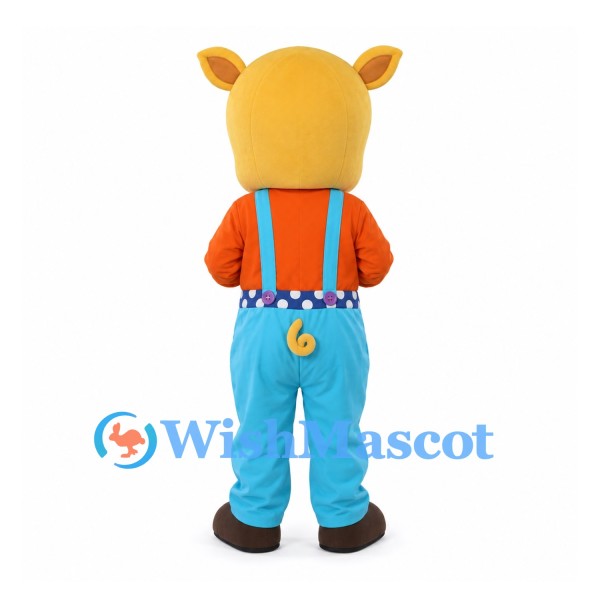 Pig Mascot Costume in Yellow with Orange Shirt and Blue Overalls