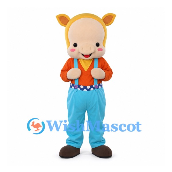 Pig Mascot Costume in Yellow with Orange Shirt and Blue Overalls