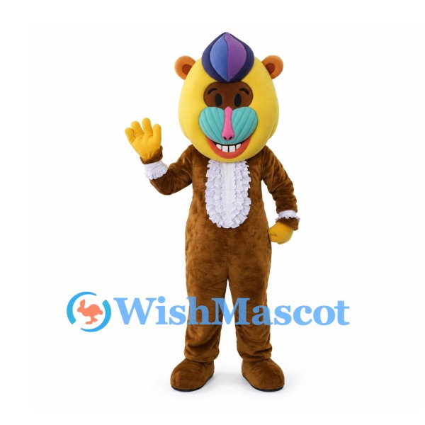 Mandrill Mascot Costume with Colorful Face and Purple Cap
