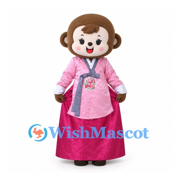 Monkey Mascot Costume with Pink Traditional Blouse and Long Skirt