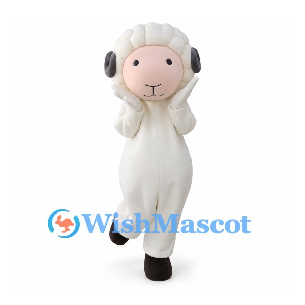 Sheep Mascot Costume in White with Pink Face and Gray Horns