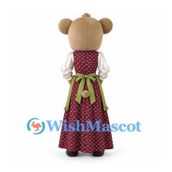 Bear Mascot Costume with Burgundy Floral Dress and Green Apron