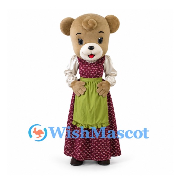 Bear Mascot Costume with Burgundy Floral Dress and Green Apron