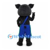 Pig Mascot Costume in Black with Blue Shorts and Shoulder Strap