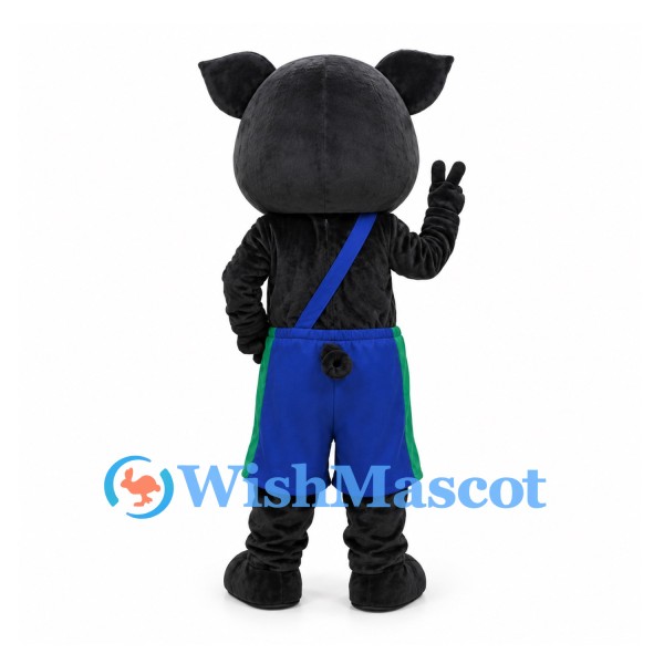 Pig Mascot Costume in Black with Blue Shorts and Shoulder Strap