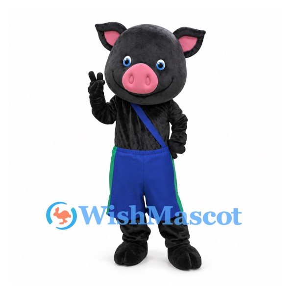 Pig Mascot Costume in Black with Blue Shorts and Shoulder Strap