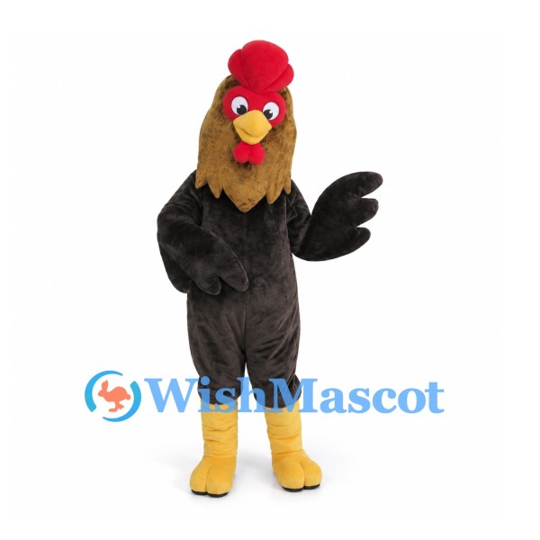 Rooster Mascot Costume in Black with Brown Neck Feathers
