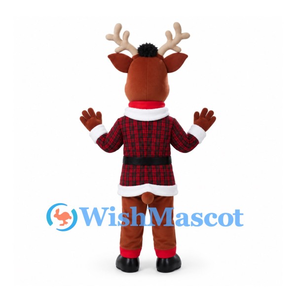Reindeer Mascot Costume with Red and Black Plaid Santa Coat