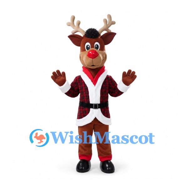 Reindeer Mascot Costume with Red and Black Plaid Santa Coat