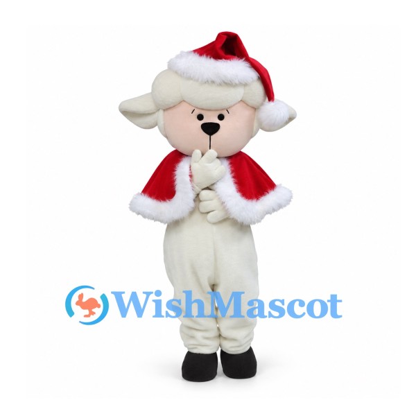 Sheep Mascot Costume in Cream with Red Santa Cape