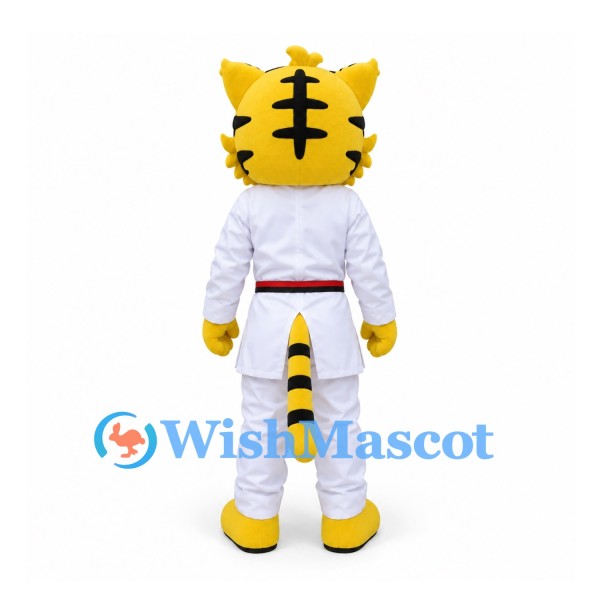 Tiger Mascot Costume with White Martial Arts Uniform and Red Belt