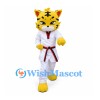 Tiger Mascot Costume with White Martial Arts Uniform and Red Belt