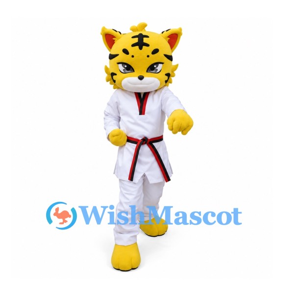 Tiger Mascot Costume with White Martial Arts Uniform and Red Belt
