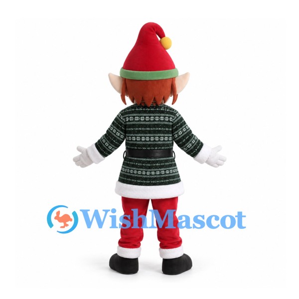 Elf Mascot Costume with Red Pointed Hat and Green Patterned Coat