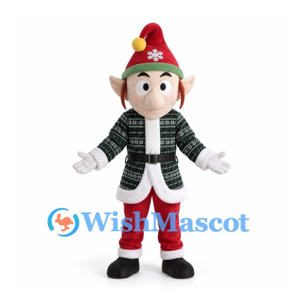 Elf Mascot Costume with Red Pointed Hat and Green Patterned Coat