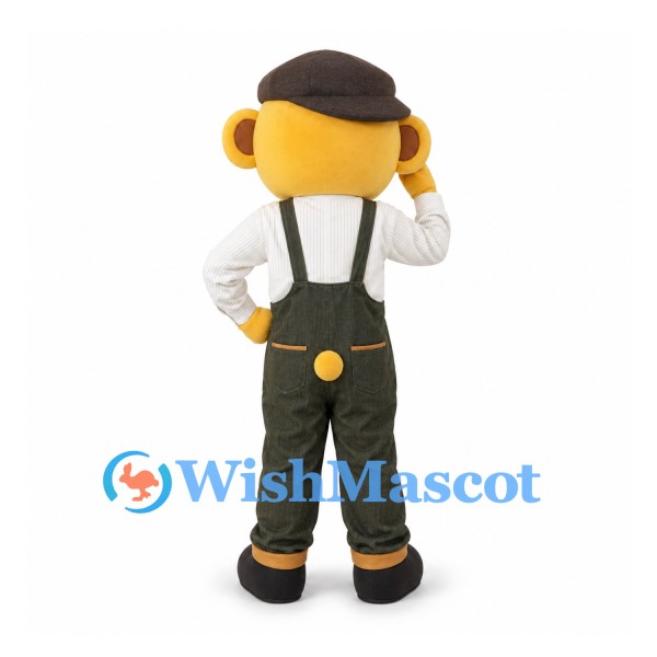 Bear Mascot Costume in Yellow with Flat Cap and Green Overalls