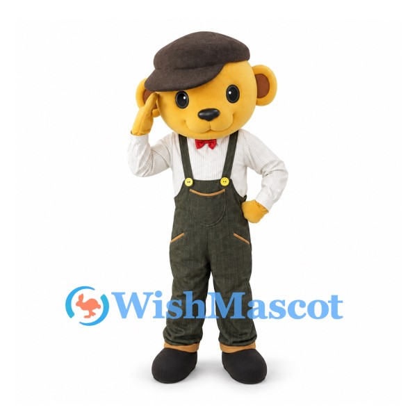 Bear Mascot Costume in Yellow with Flat Cap and Green Overalls