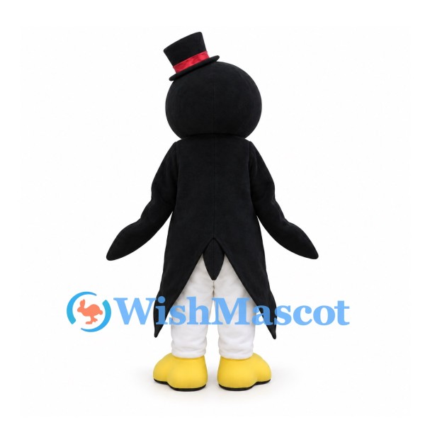 Penguin Mascot Costume with Black Top Hat and Red Bow Tie