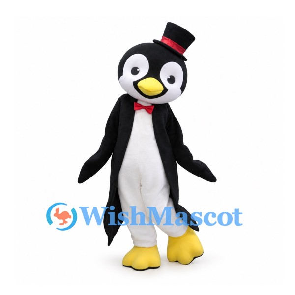 Penguin Mascot Costume with Black Top Hat and Red Bow Tie