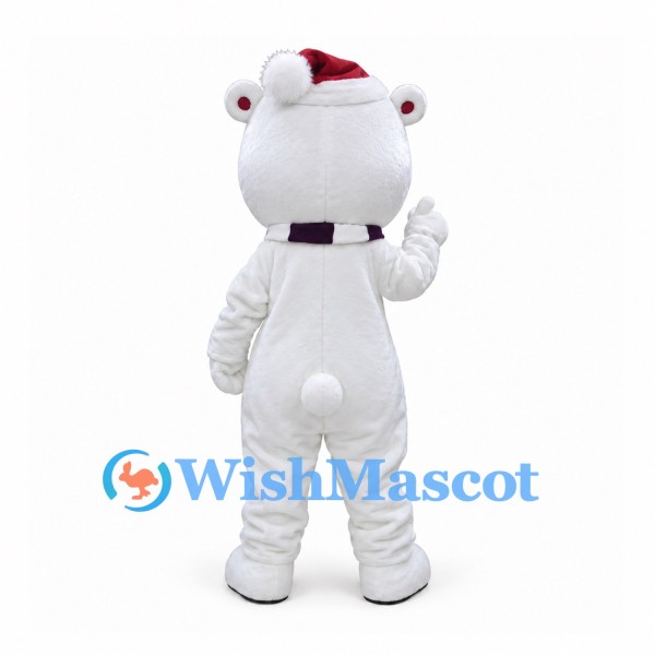 Polar Bear Mascot Costume with Red Santa Hat and Purple Scarf