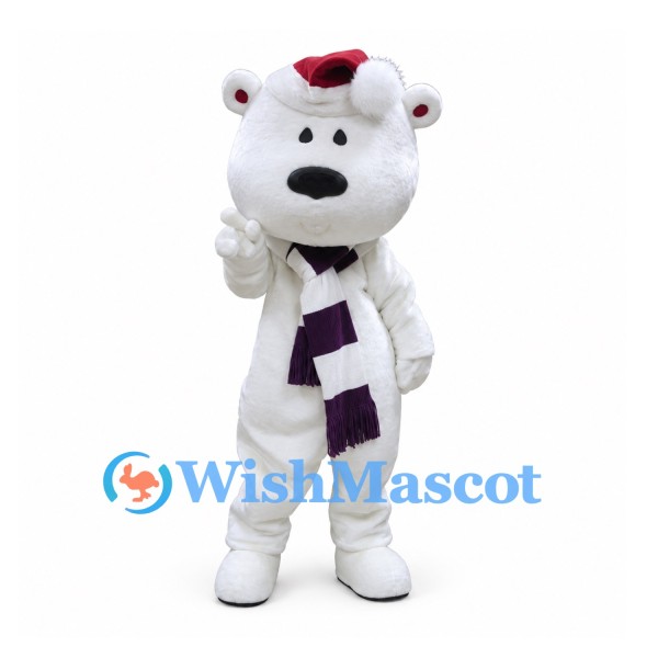 Polar Bear Mascot Costume with Red Santa Hat and Purple Scarf