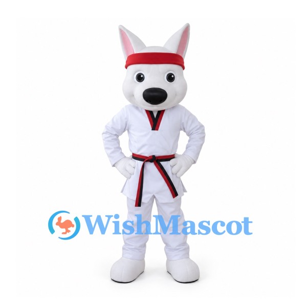 Rabbit Mascot Costume with Red Headband and White Martial Arts Uniform