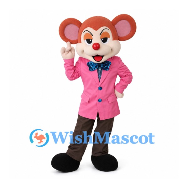 Mouse Mascot Costume with Pink Jacket and Polka Dot Bow Tie