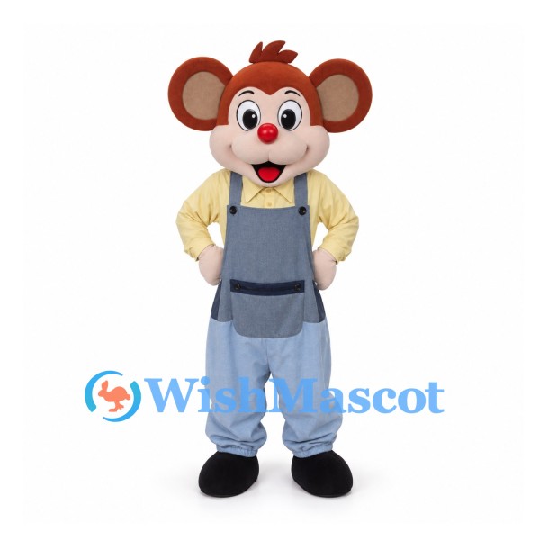 Mouse Mascot Costume with Yellow Shirt and Blue Overalls