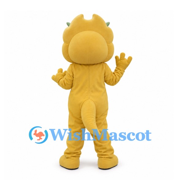 Dragon Mascot Costume in Yellow with Green Horns and Belly